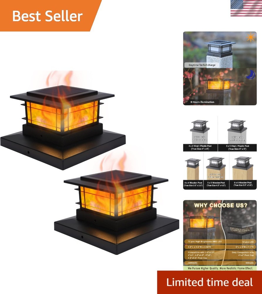 2 Pack Solar Flickering Flame Post Cap Lights for Outdoor Fence Decoration