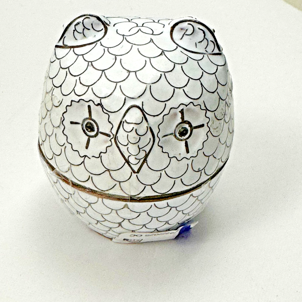 Pottery Barn White Owl Metal Cloisonne Trinket Box with Blue Enamel Interior