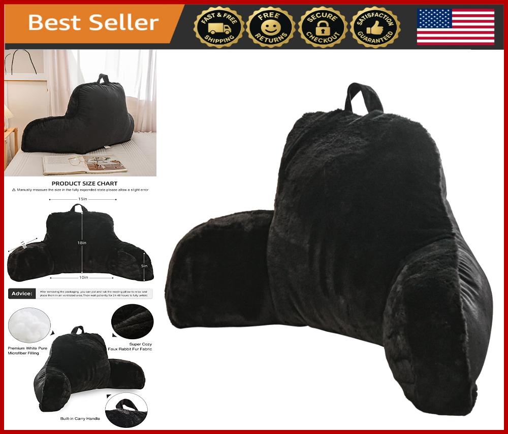 Rabbit Fur Reading Pillow with Arms and Lumbar Support in Black