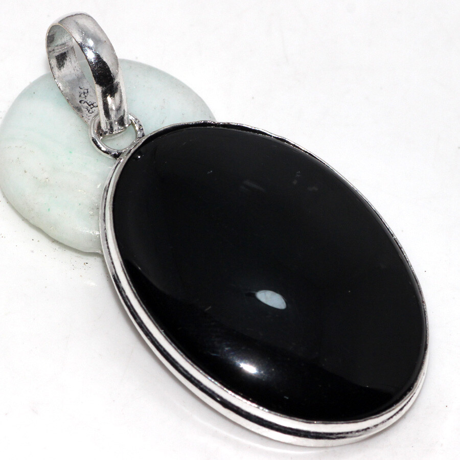Black Onyx 925 Silver Plated Handmade Gemstone Pendant 2 Inches JW