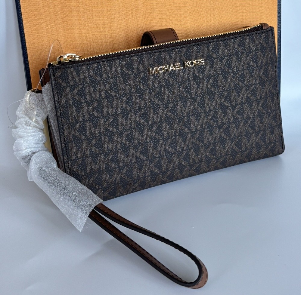 Michael Kors Jet Set Travel Double Zip Large Phone Wallet in MK Brown Luggage