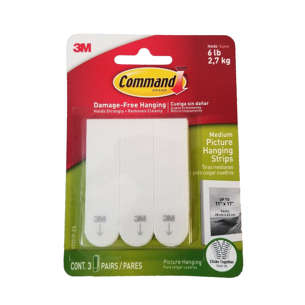 3M Command Medium Picture Hanging Strips 17201P-ES, 3 Pairs, Holds 6 lbs. NEW!