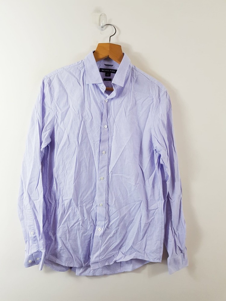 Michael Kors Mens White Purple Cotton Classic Fit Button-Up Shirt Size Medium