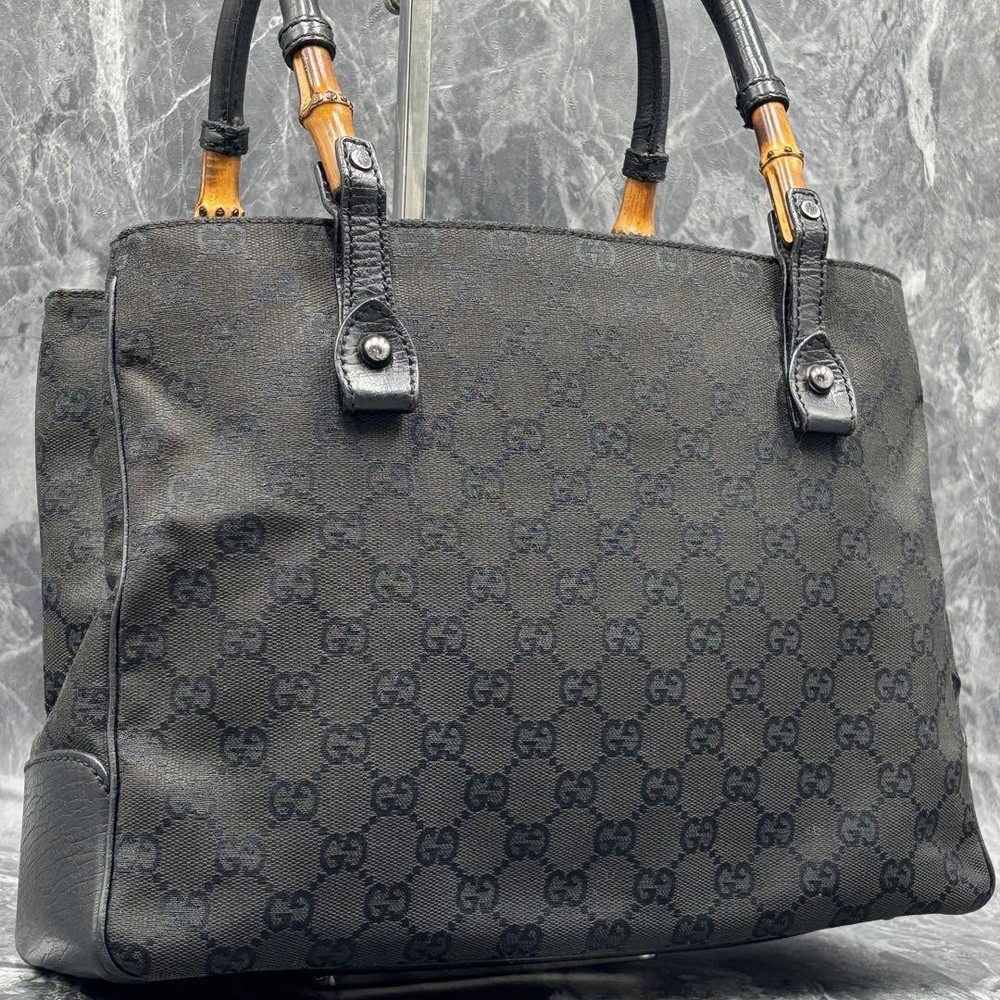 Excellent Condition GUCCI GG Canvas Bamboo Tote Bag Black Logo