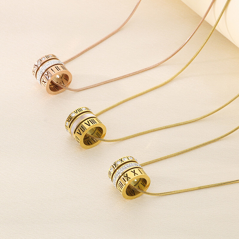 Roman letter stainless steel necklace titanium steel cutout with diamonds