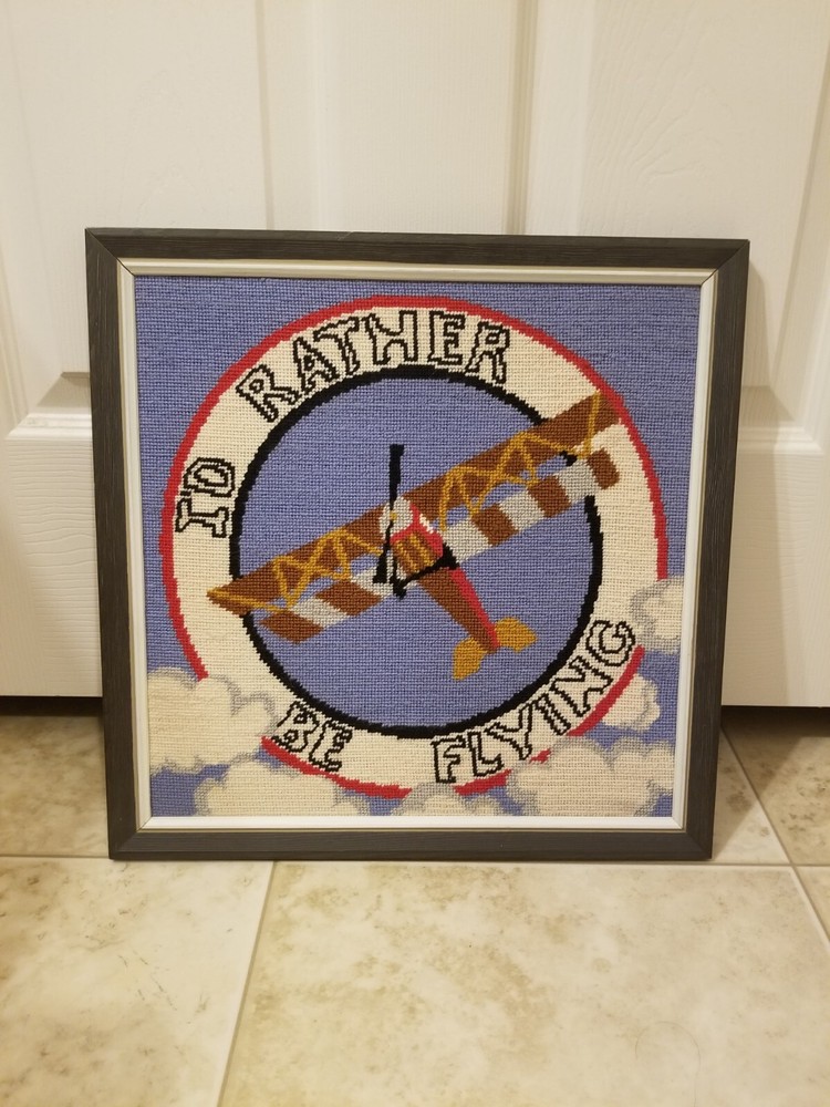 Framed 'I'd rather be flying' airplane needlepoint wall decor hand stitched...