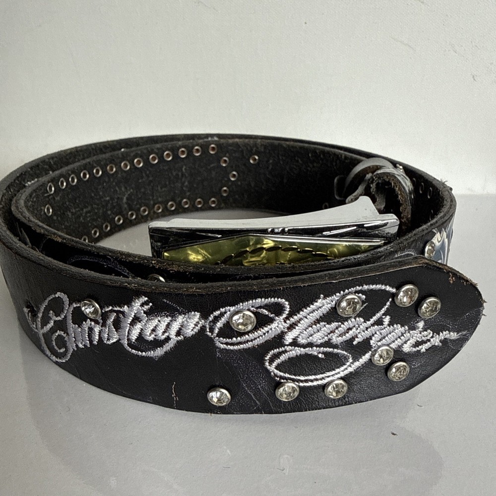 Christian Audigier Los Angeles Black Leather Fancy Belt