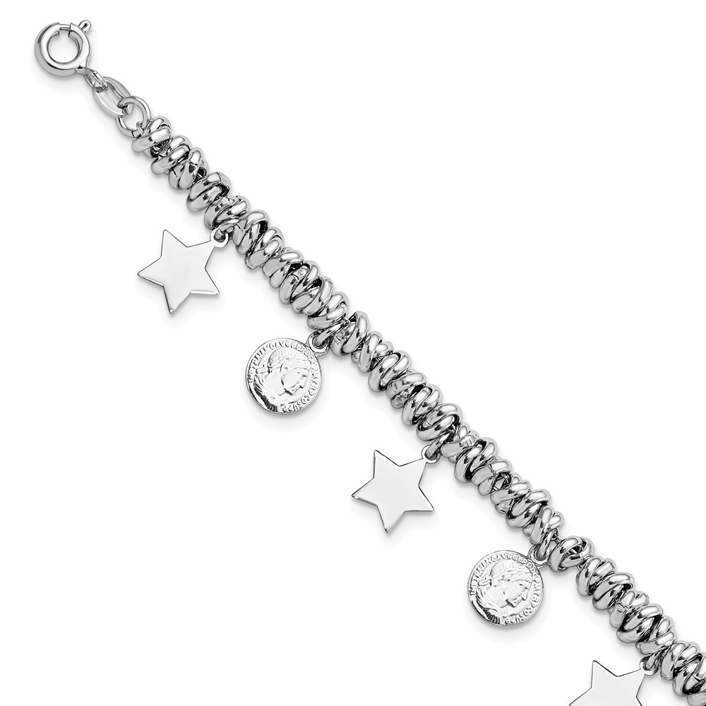 Sterling Silver Polished Coin and Star Charm Bracelet 7.5