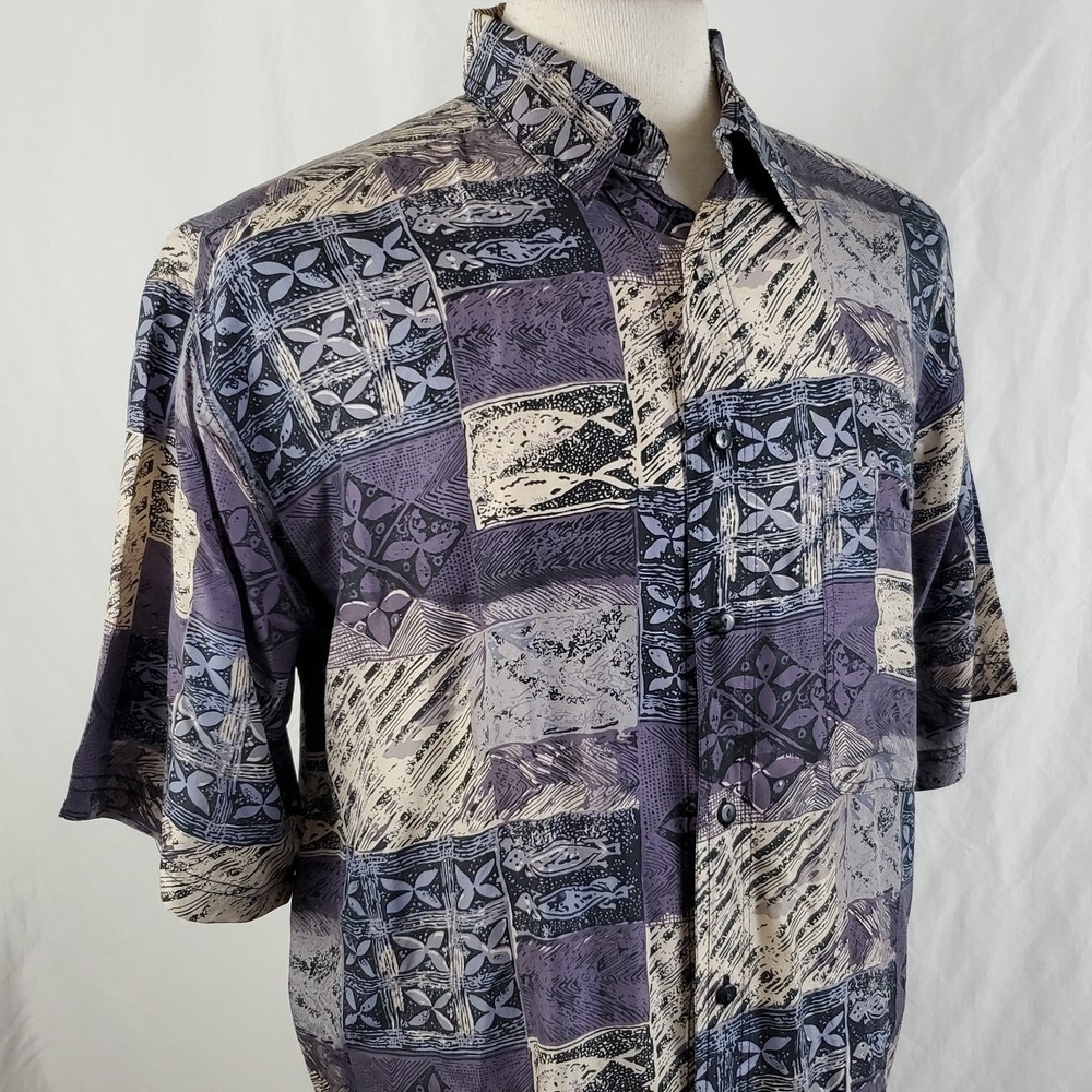 Vintage Crepros Hawaiian Camp Shirt Large 100% Silk Short Sleeve Button Islands