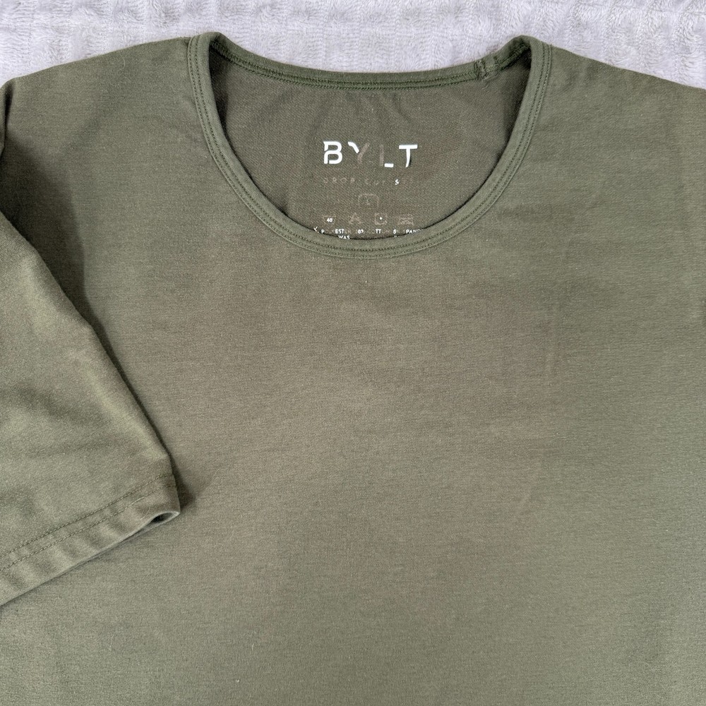 BYLT Shirt Mens Large Green Drop Cut Lux Performance Stretch Curved Hem Athletic