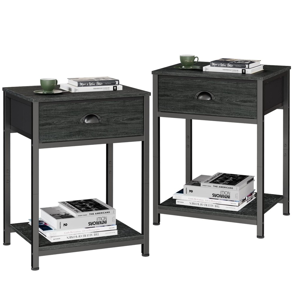Industrial Nightstand Set of 2 with Fabric Drawer & Storage Shelf