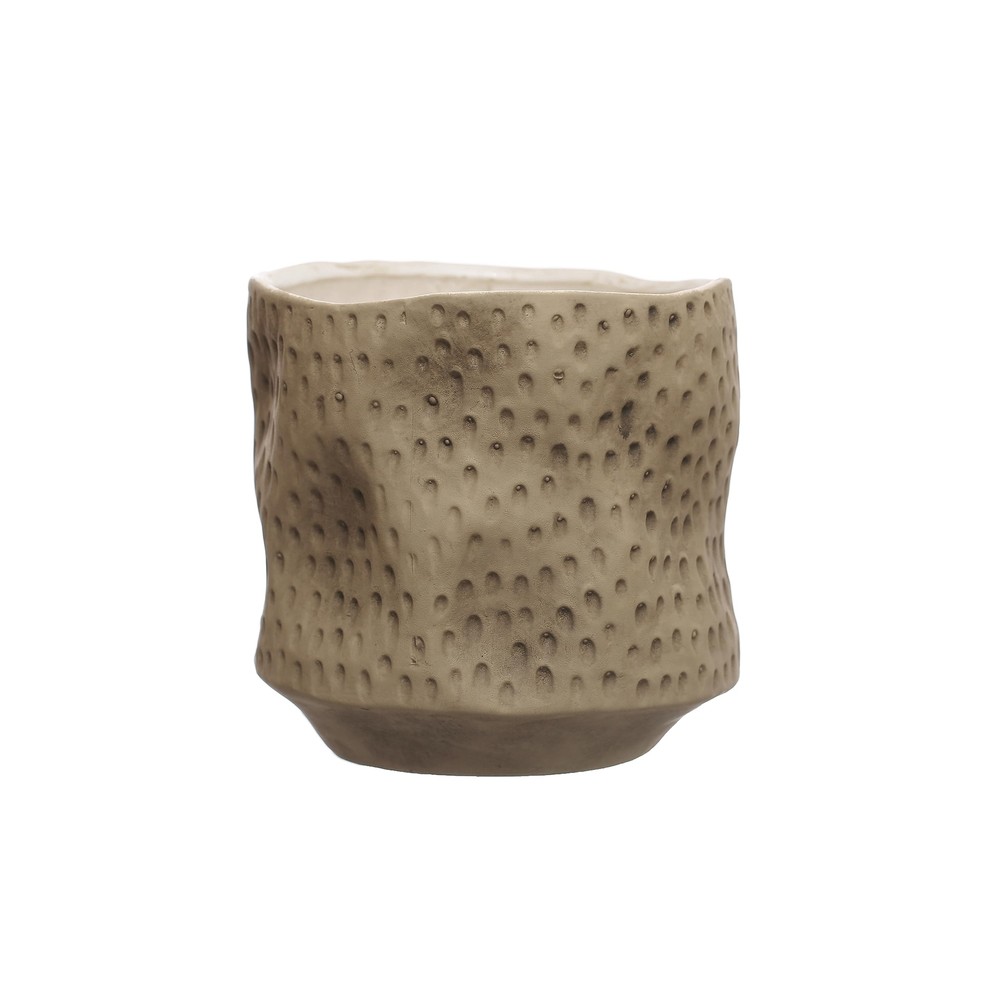 6 Inches Round Debossed Stoneware, Holds 5 Inches Pot, Matte Khaki Planter