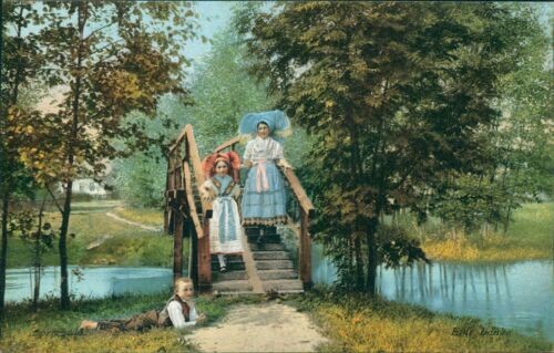 Ansichtskarte  Spreewald Eine Bank Tracht um 1910 Personen