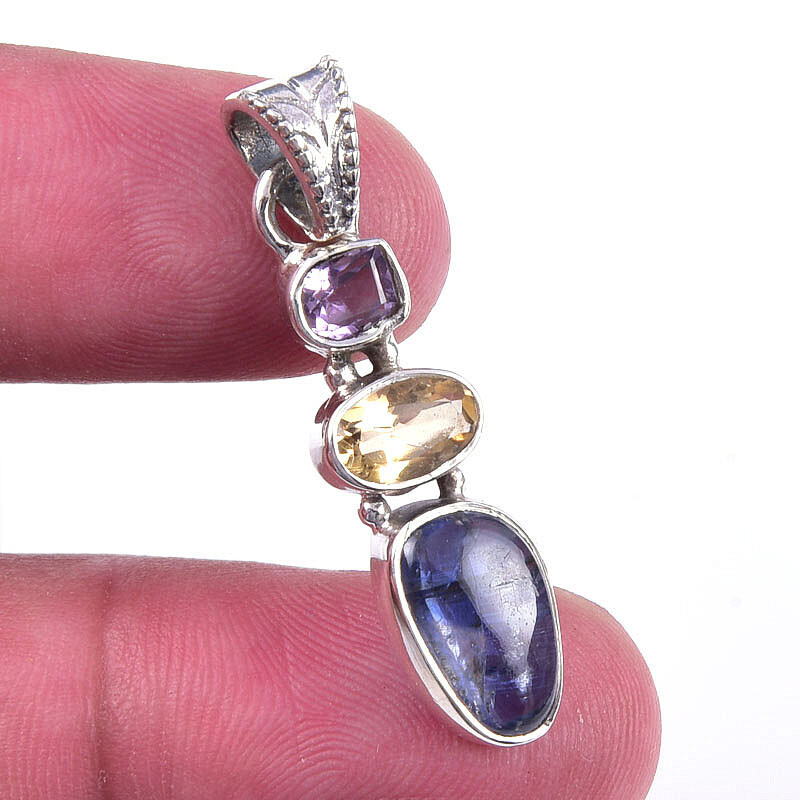 Natural Kyanite and Citrine 925 Sterling Silver Pendant 1.50 Inch