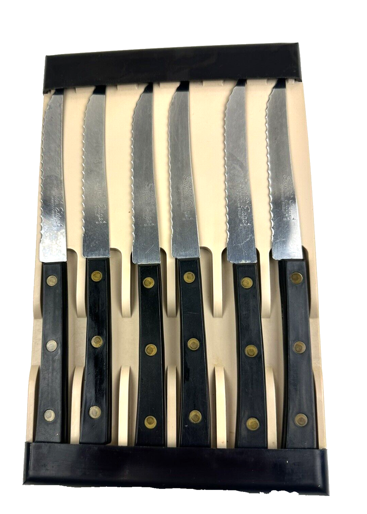 VTG Utica Super Edge Steak Knives Set of 6 Stainless Steel USA w VTG Storage Box