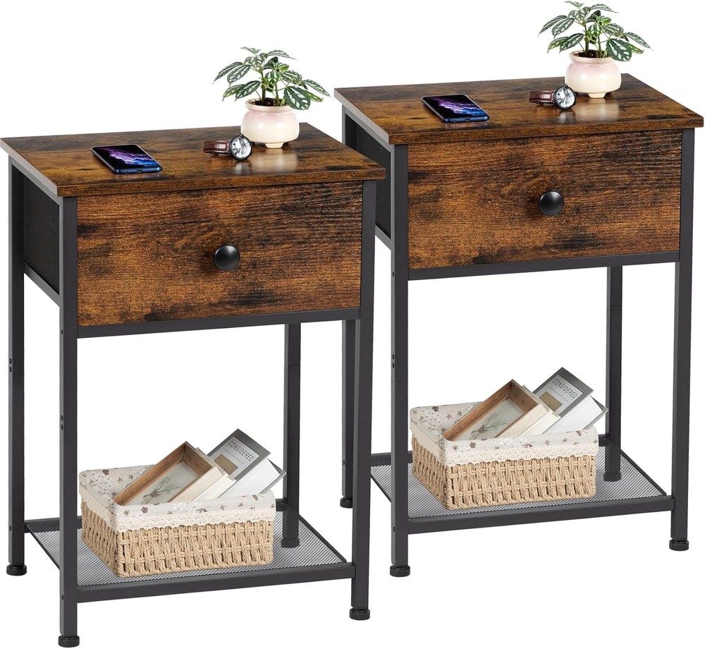 AMHANCIBLE 2-Piece Rustic Brown Nightstand Set with Fabric Drawers