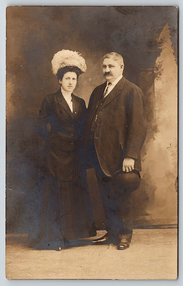 RPPC Vintage Victorian Photo Postcard Lady with Hat and Mustached Man