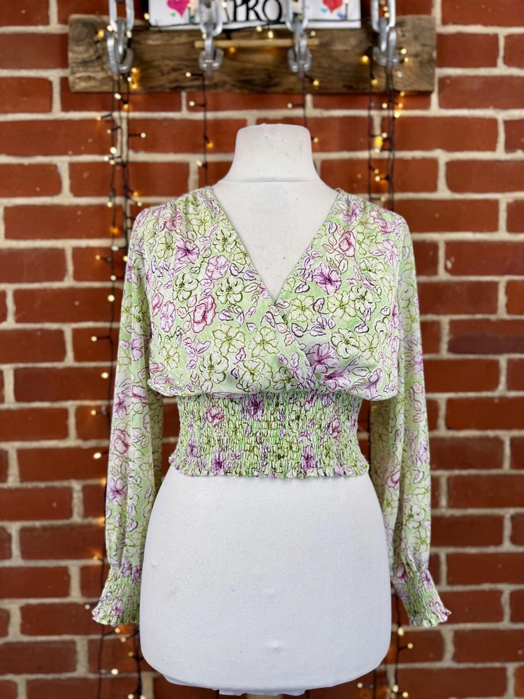 ZARA Floral Wrap Crop Top Smocked Waist Long Sleeve Green Pink Size M  sku463