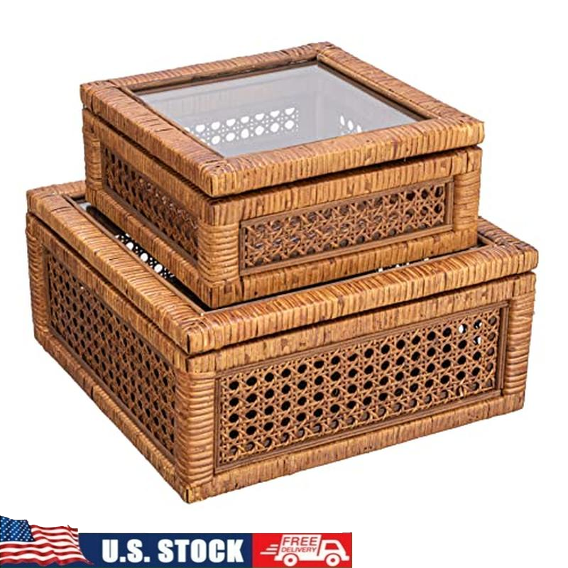 Modern Rattan Wood Display Box Set of 2 with Glass Tops for Decorative Storage