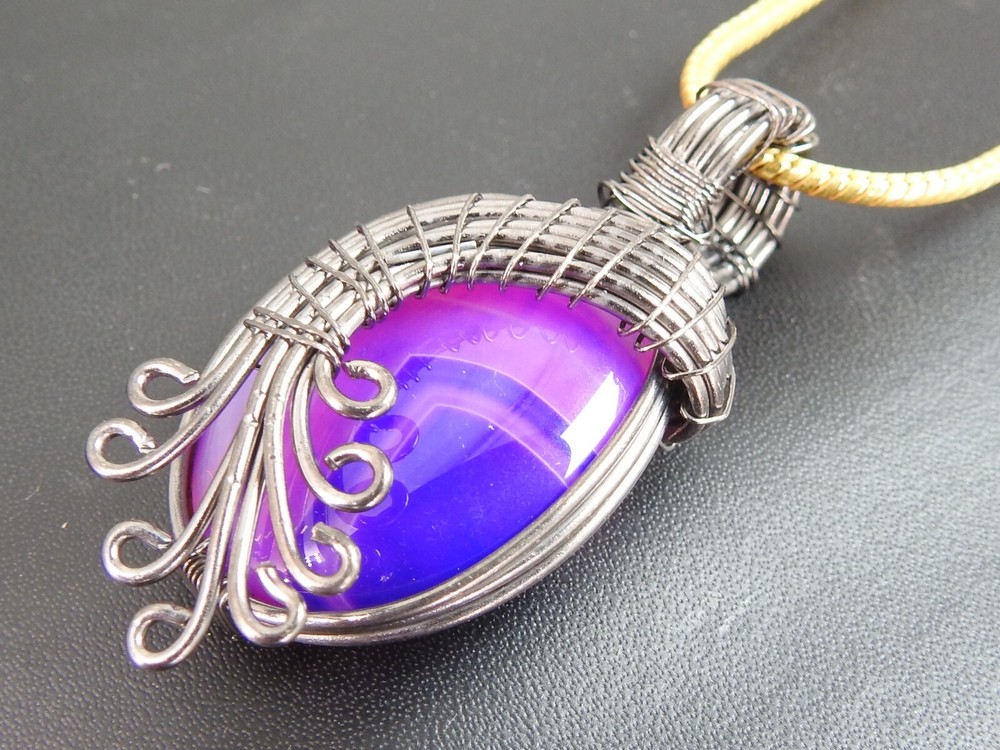 Purple Strip Agate Brass Pendant Silver Oxidised Polished Wire Wrapped Jewelry
