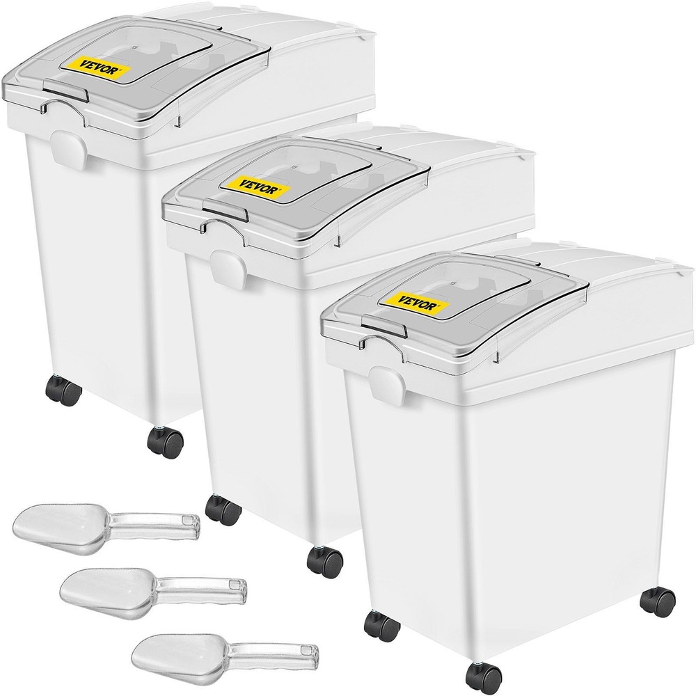 5.2 Gallon 3 Pcs PP Ingredient Storage Bins with Wheels Scoop Sliding Lid White