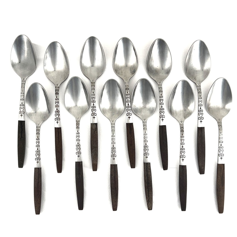 Lot of 12 Interpur INR2 Teaspoons SS + Brown Synthetic Handles w Cracks