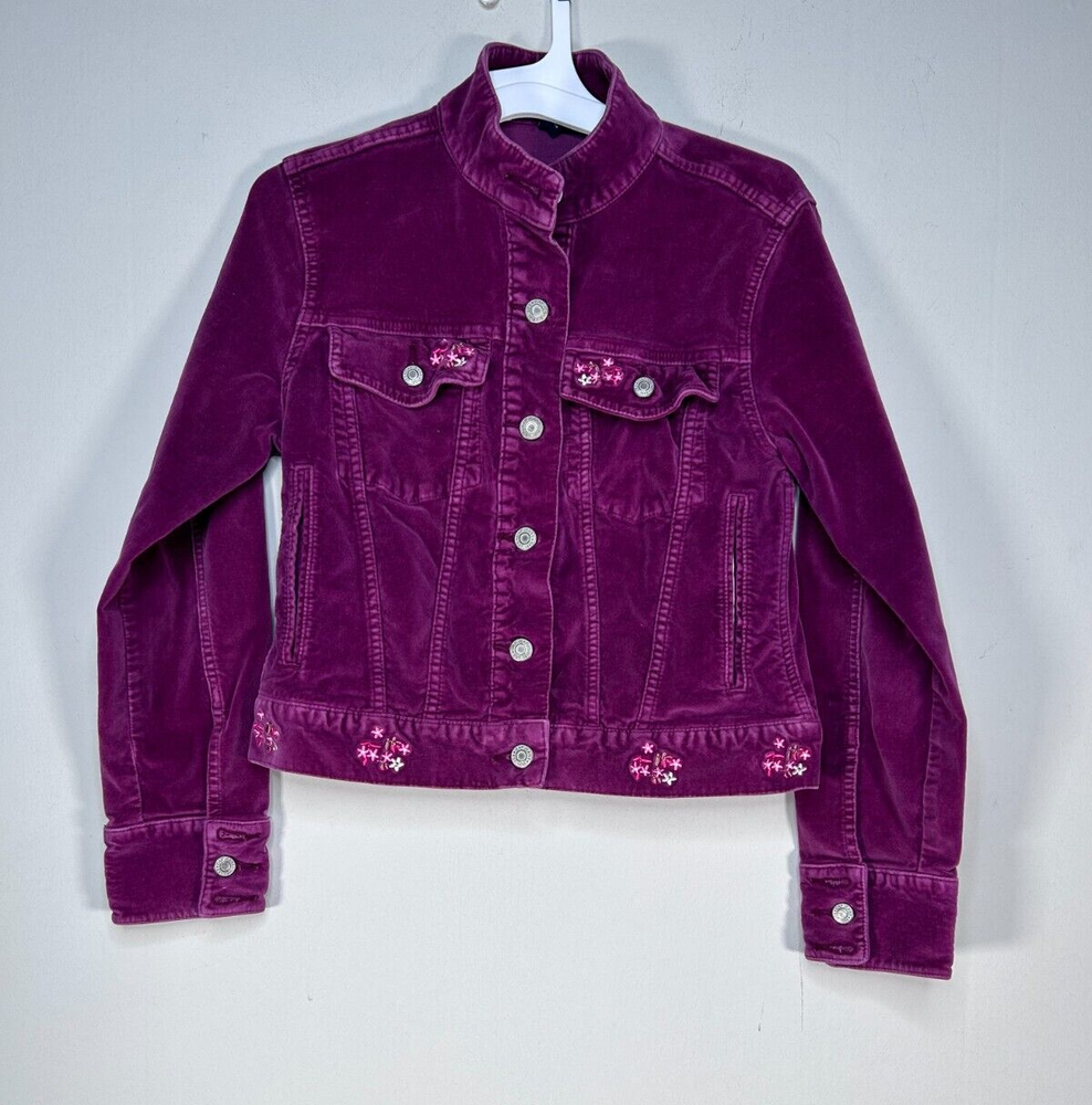 Gap Kids Corduroy Jacket Girls XL Stretch Purple Floral Embroidery Casual