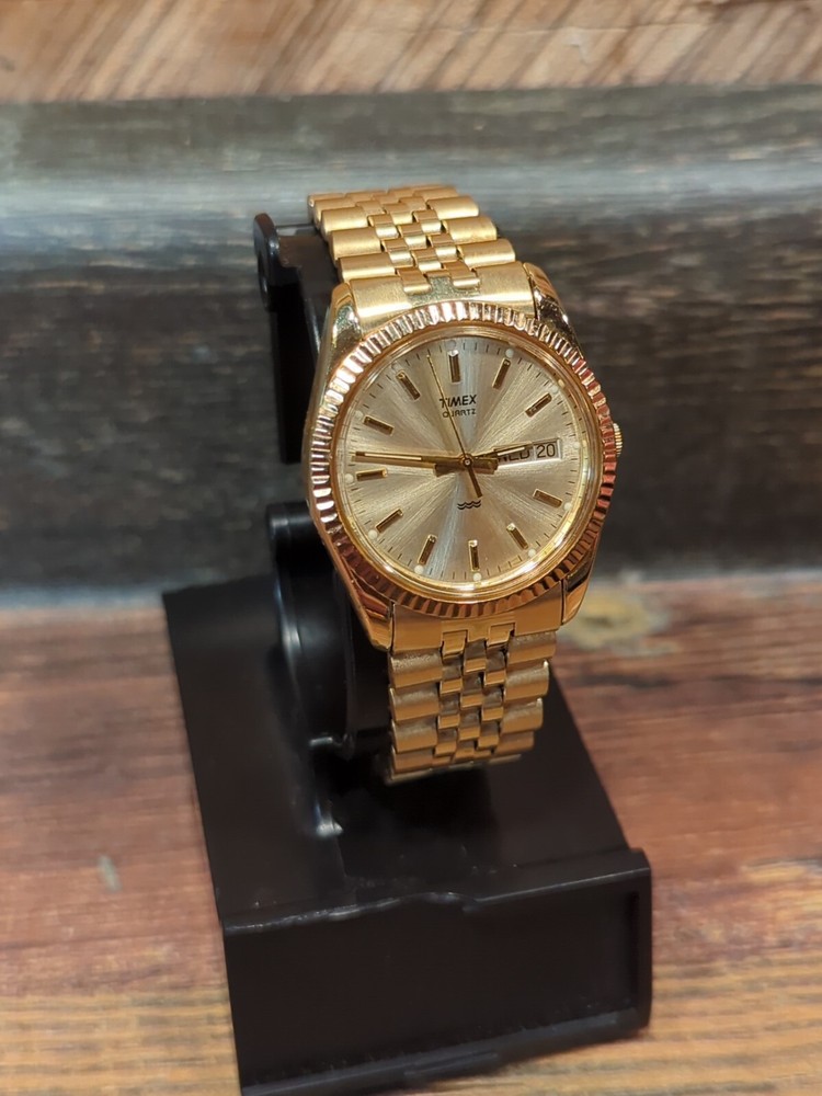 TIMEX President 34mm Gold Fluted Bezel Quartz Men's Watch New Battery Runs