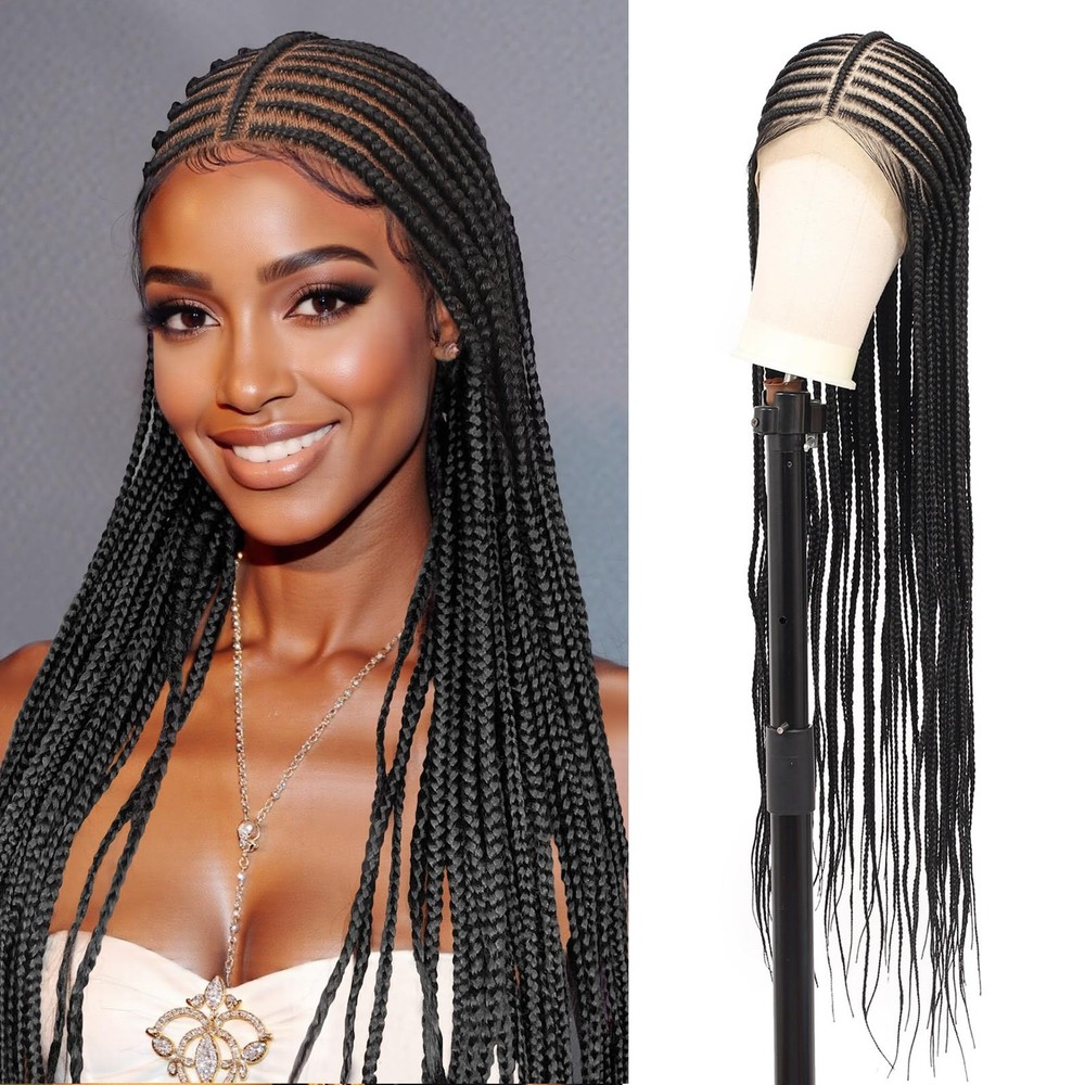 36-Inch HD Human Hair Blend Wig with Black Cornrow Braids and Lace Front Middle Part