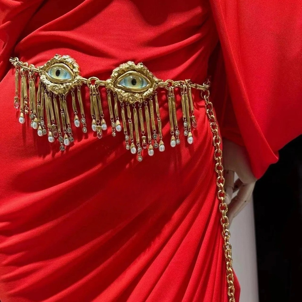 Schiaparelli Devil's Eye Crystal Tassel Chain Belt With box