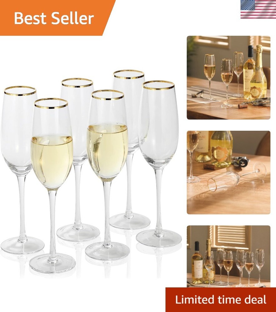 Luxury 8 oz Gold Rim Champagne Flutes Set of 6 Crystal Clear Long Stem Glasses