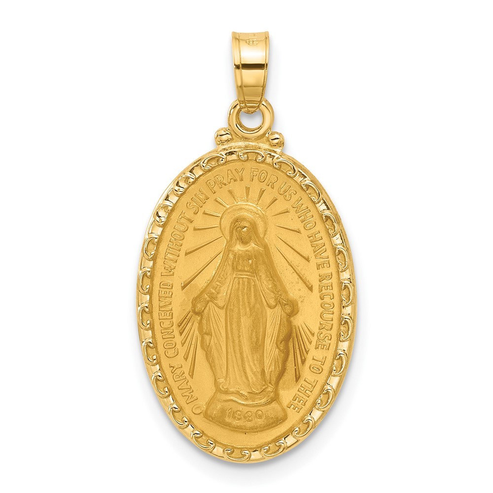 14K Yellow Gold Polished and Satin Solid Miraculous Medal Oval Pendant L-27 mm