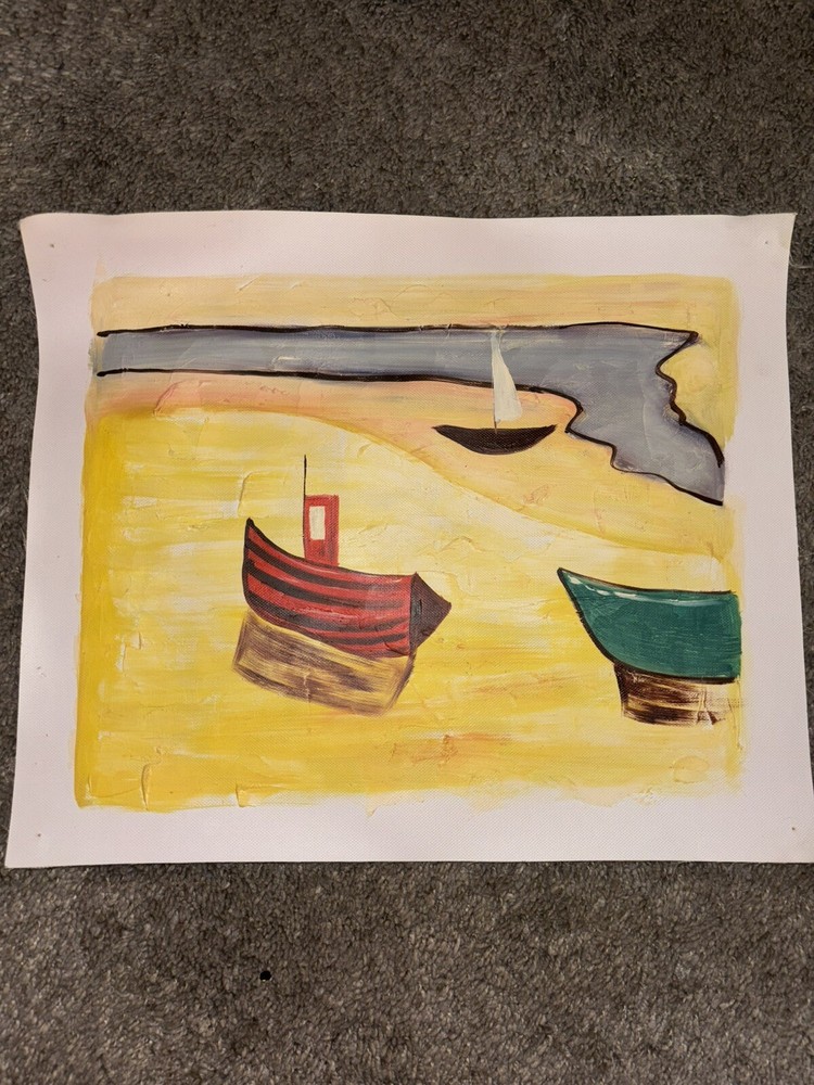 Yellow Abstract Boat Landscape Real Oil Painting On Canvas 9”x11”