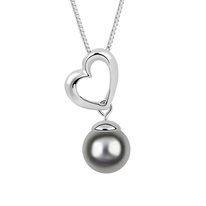 Swarovski Crystal White Black Freshwater Pearl Heart Pendant Necklace  