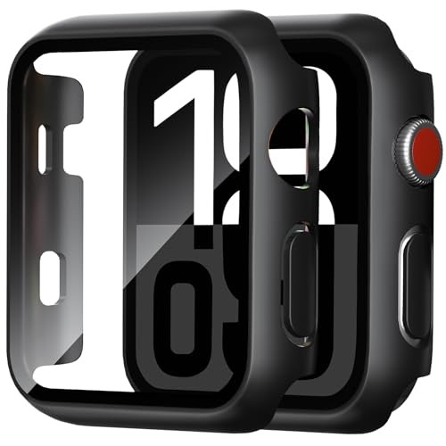 2 Pack Hard PC Case with Tempered Glass for Apple Watch 38mm - Black/Black