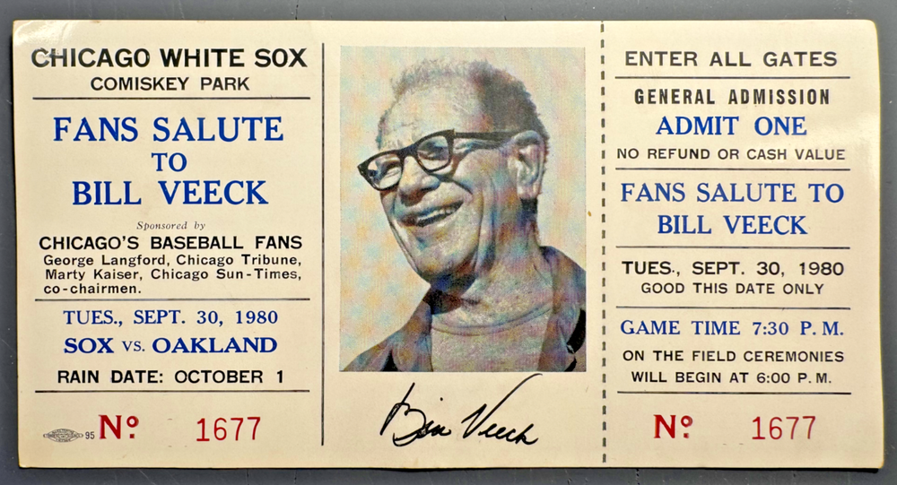 1980 Chicago White Sox Bill Veeck Night Full Ticket 9/30/80 No. 1677