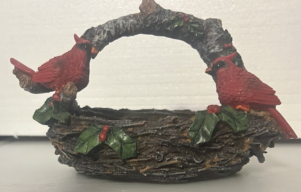 Christmas Decor Basket Red Cardinal Birds + Holly, Hand Painted Resin 5 X 9..New