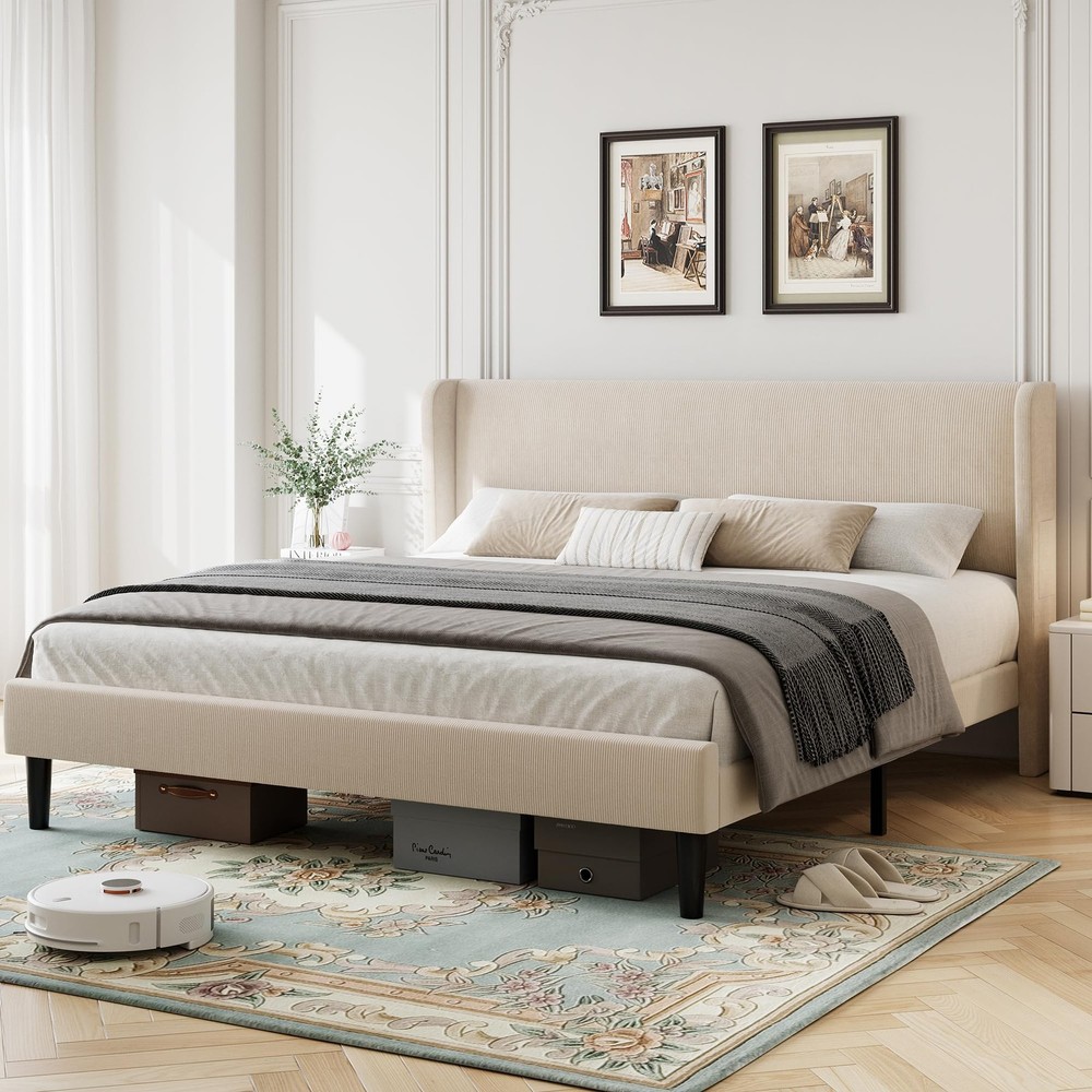 Queen Size Velvet Bed Frame Upholstered Platform Bed with Wingback Headboard