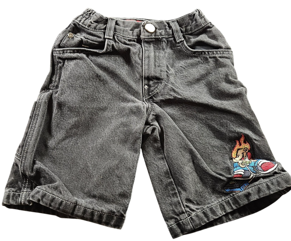 Vintage Flamehead JNCO Shorts Boys Size 7 Black Denim Gamer Embroidery Logo Y2K