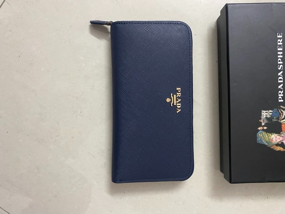 Prada 1ML506 Blue Saffiano Leather Zip Around Wallet Gold Lettering Logo NEW