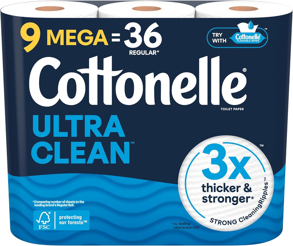 Cottonelle Ultra Clean Toilet Paper, 9 Mega Rolls = 36 Regular Rolls, Packaging