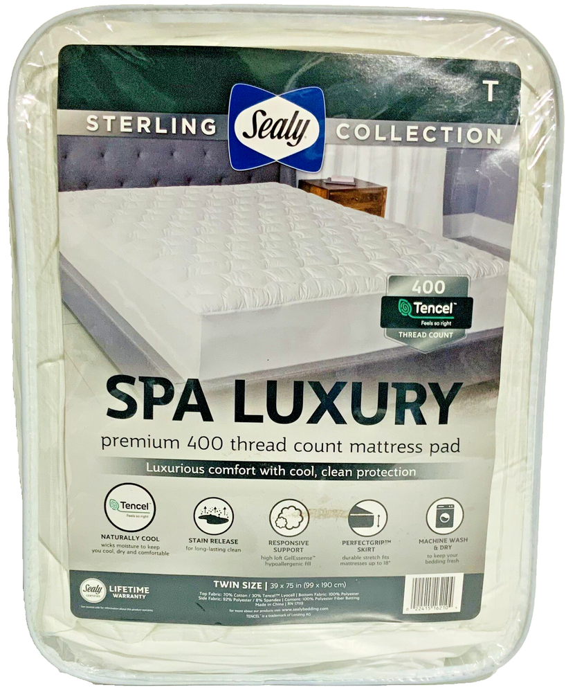 Sealy Sterling Collection Spa Luxury 400 TC Mattress Pad Twin Size