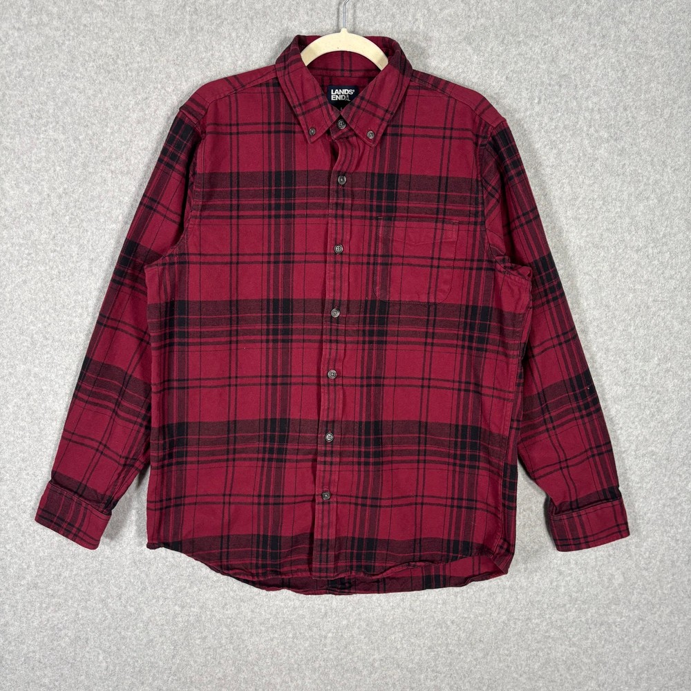 Lands End Flannel Shirt Mens Large Red Black Plaid Traditional Fit 100% Cotton