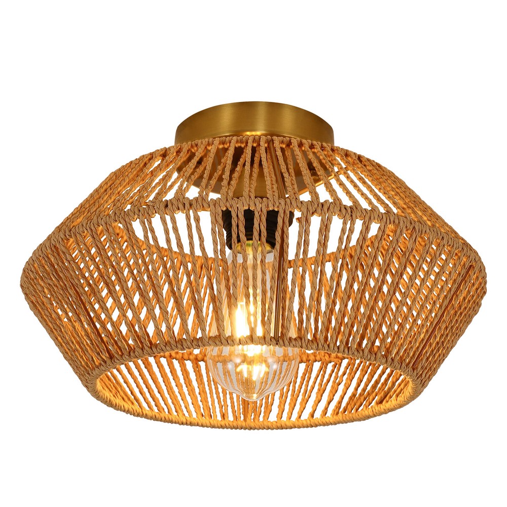 Rattan Semi Flush Mount Ceiling Light Fixture Hand Woven Lighting Bedroom Lamp