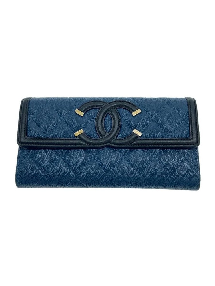 CHANEL Pre-Loved Navy Caviar Leather CC Filigree Diamond Quilted Long Wallet