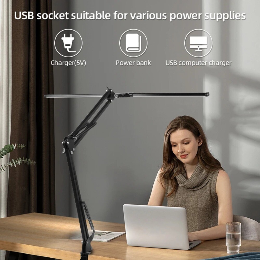 Dimmable Double Head LED Desk Lamp With USB Charge Office Reading Lights Bright