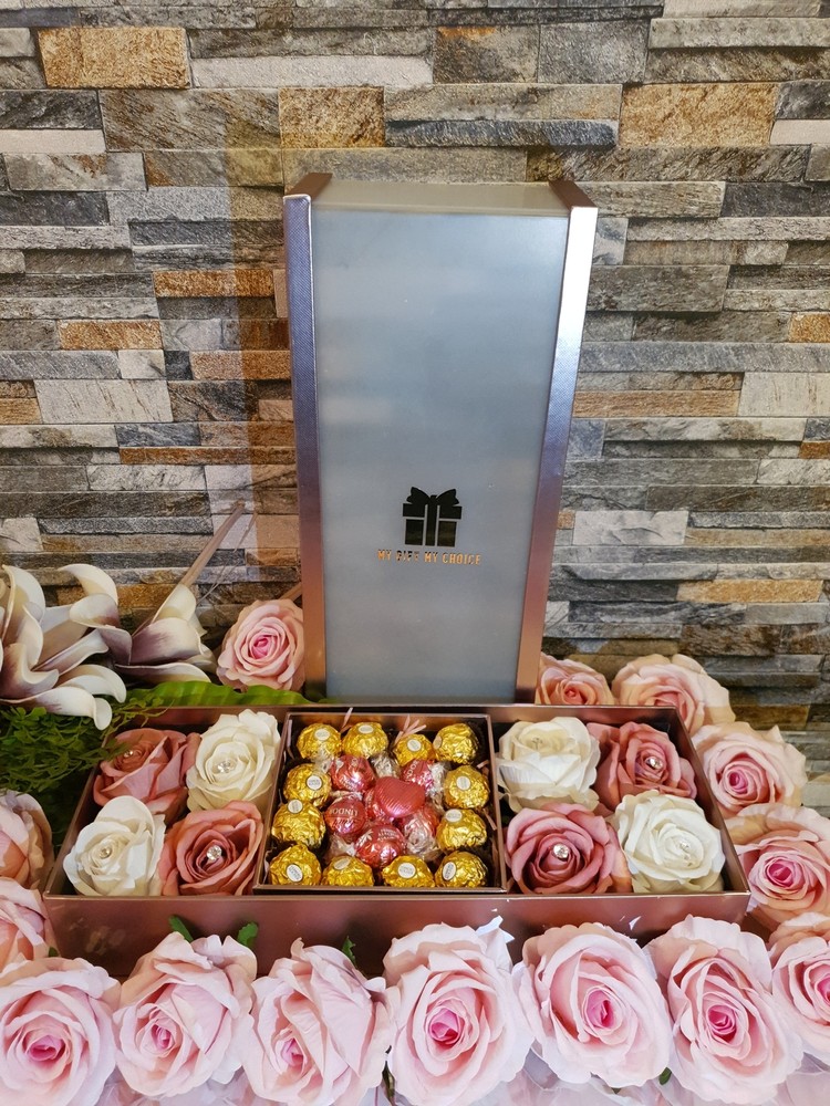 Gold Rose Gift Box With Chocolate and Roses Birthday,  Valentines Day Gift