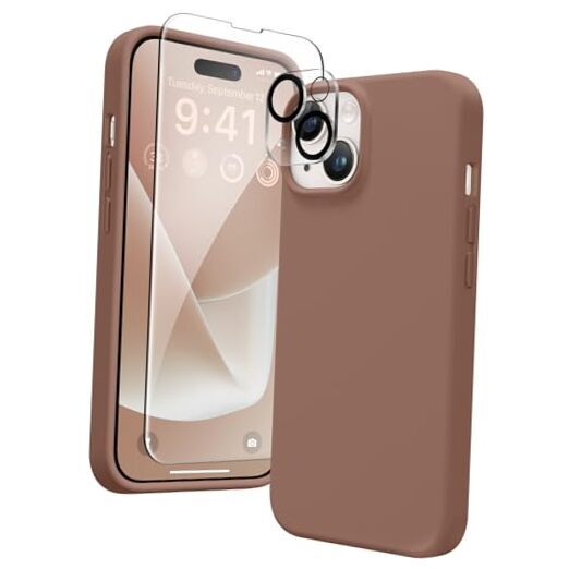 Funda Silicona para iPhone 14, con 2X Protector Pantalla iPhone 14 6,1 pulgadas Marrón
