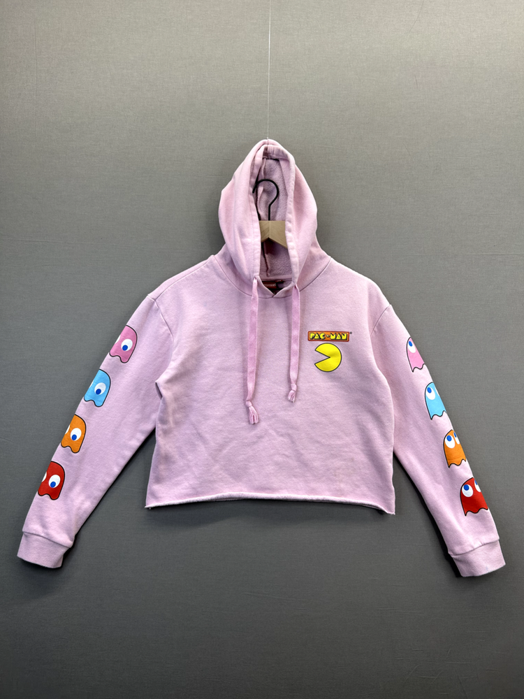 Pac-Man Pink Cropped Hoodie for Women Drawstring Long Sleeve Small