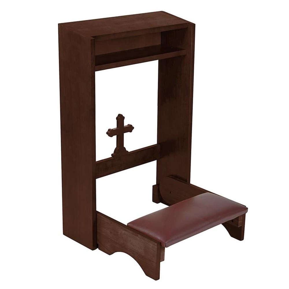 Folding Padded Kneeler with Engraved Cross for Church or Home, Walnut Stain